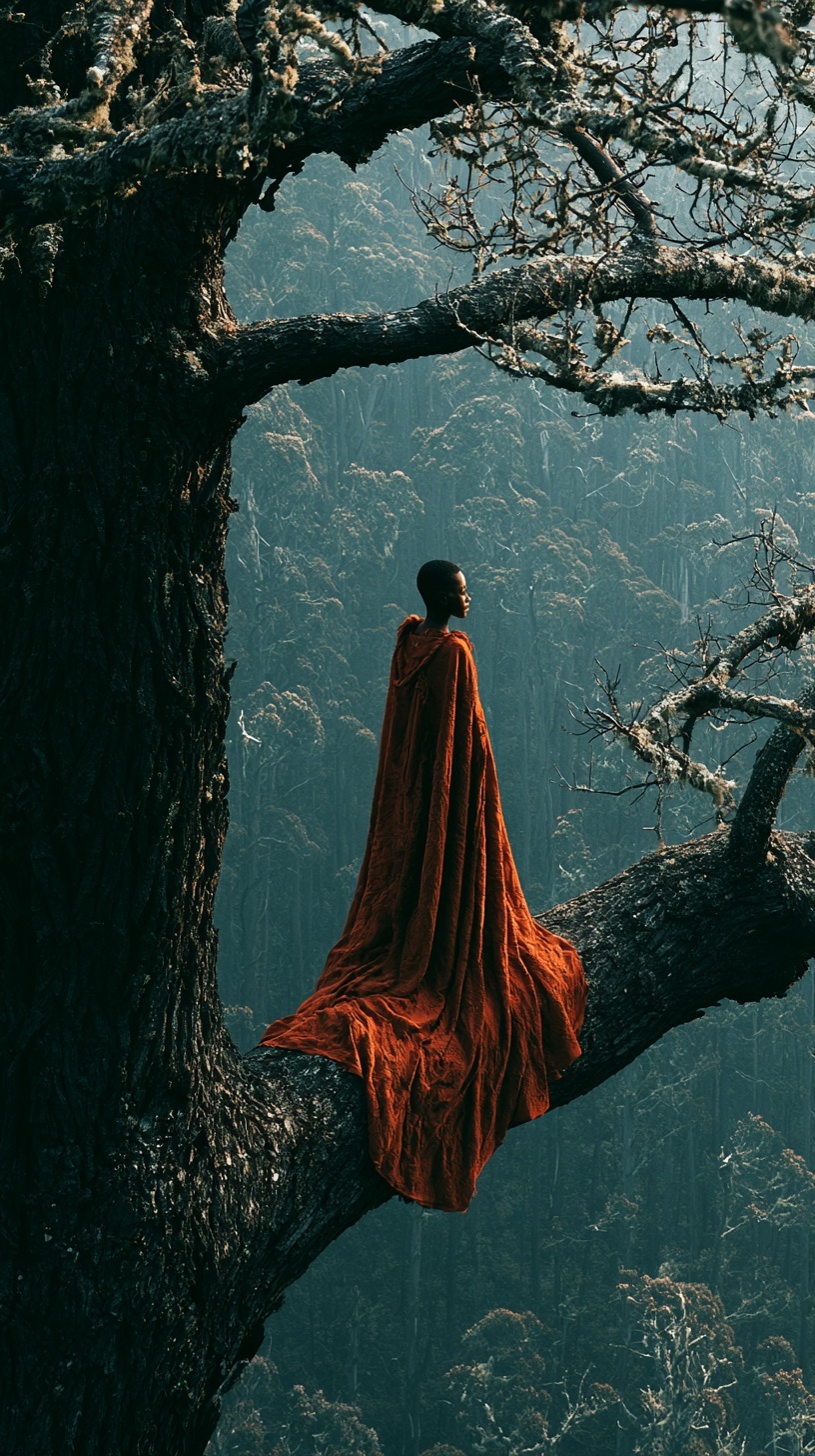 Whimsical Scene: Child in Orange Gown in Forest