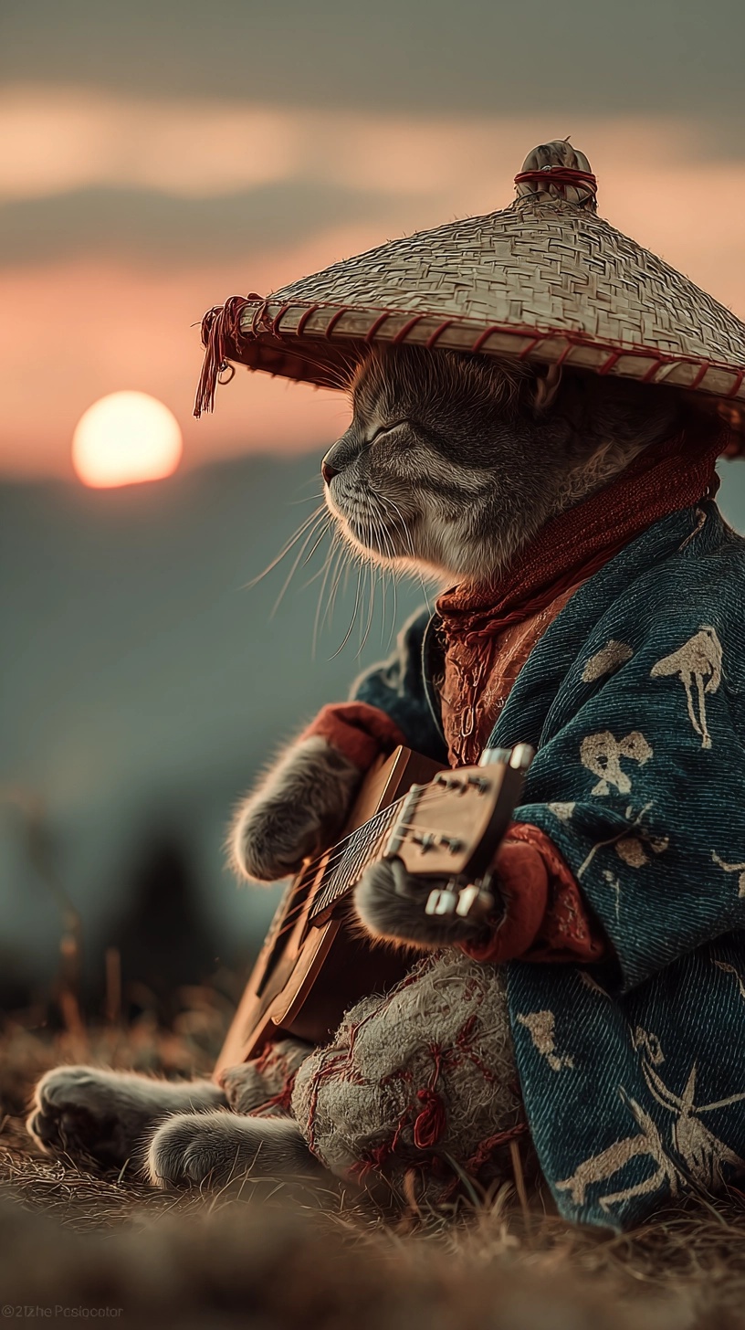 Charming Cat Guitarist in Scenic Sunset