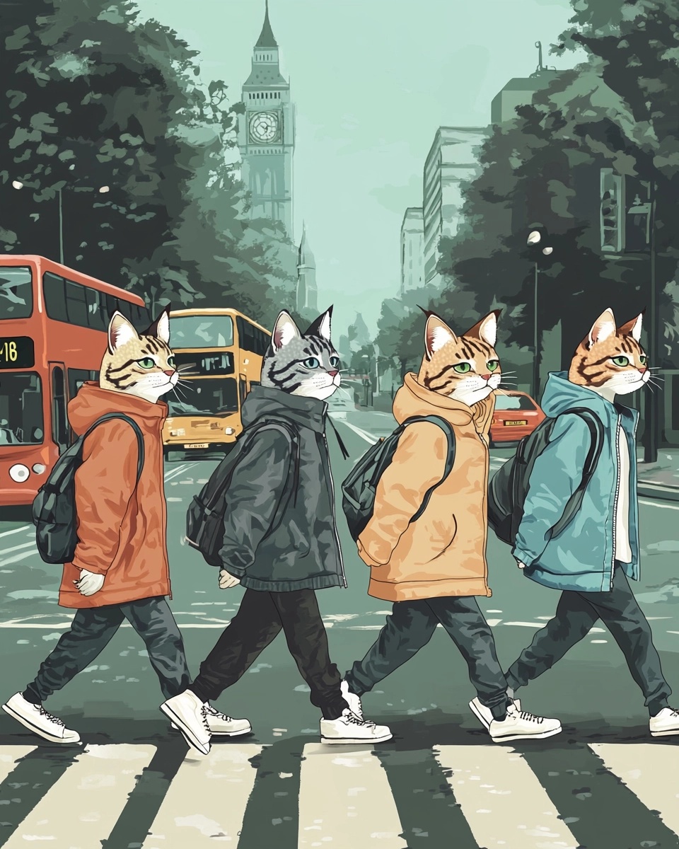 Retro Anime Cats on Abbey Road: Urban Fantasy Art