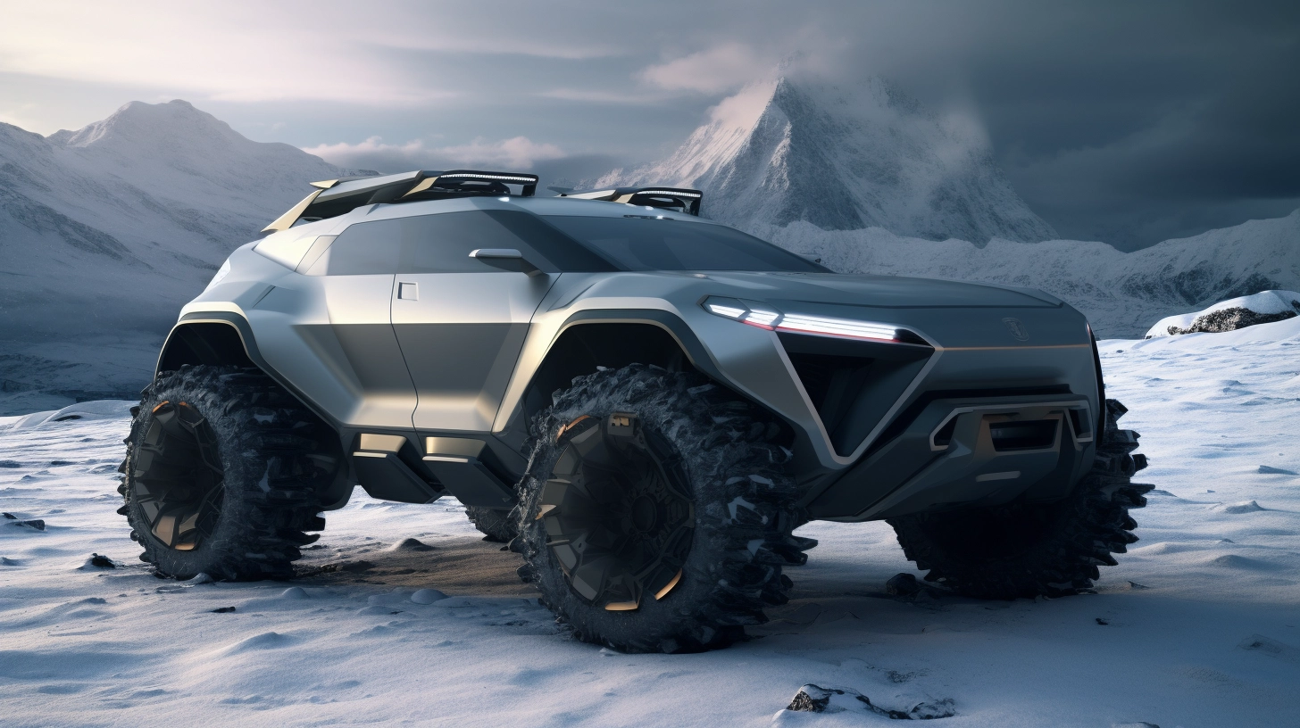 Futuristic Full-Size SUV: Sleek, Sportback Design for Adventure on Snowy Mountains