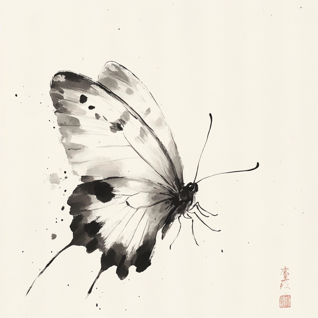 Elegant Monochrome Butterfly Ink Painting