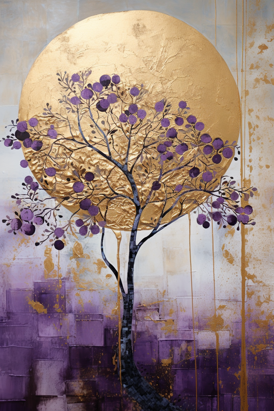 Bold Collage Tree Art: Gold & Lilac with Graphic Illustration