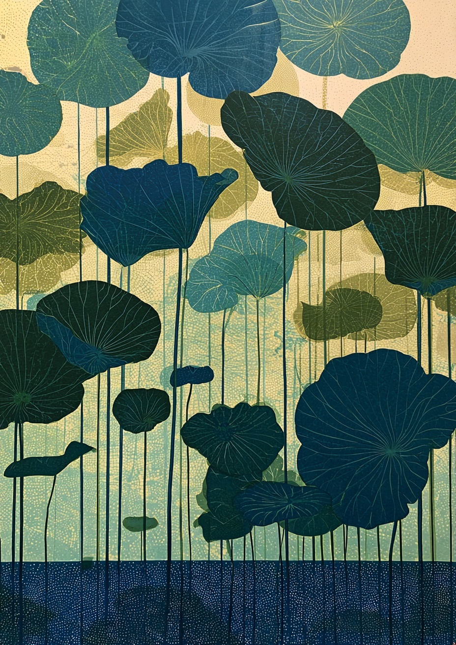 Lush Lotus Leaves on Blue Water Art Print