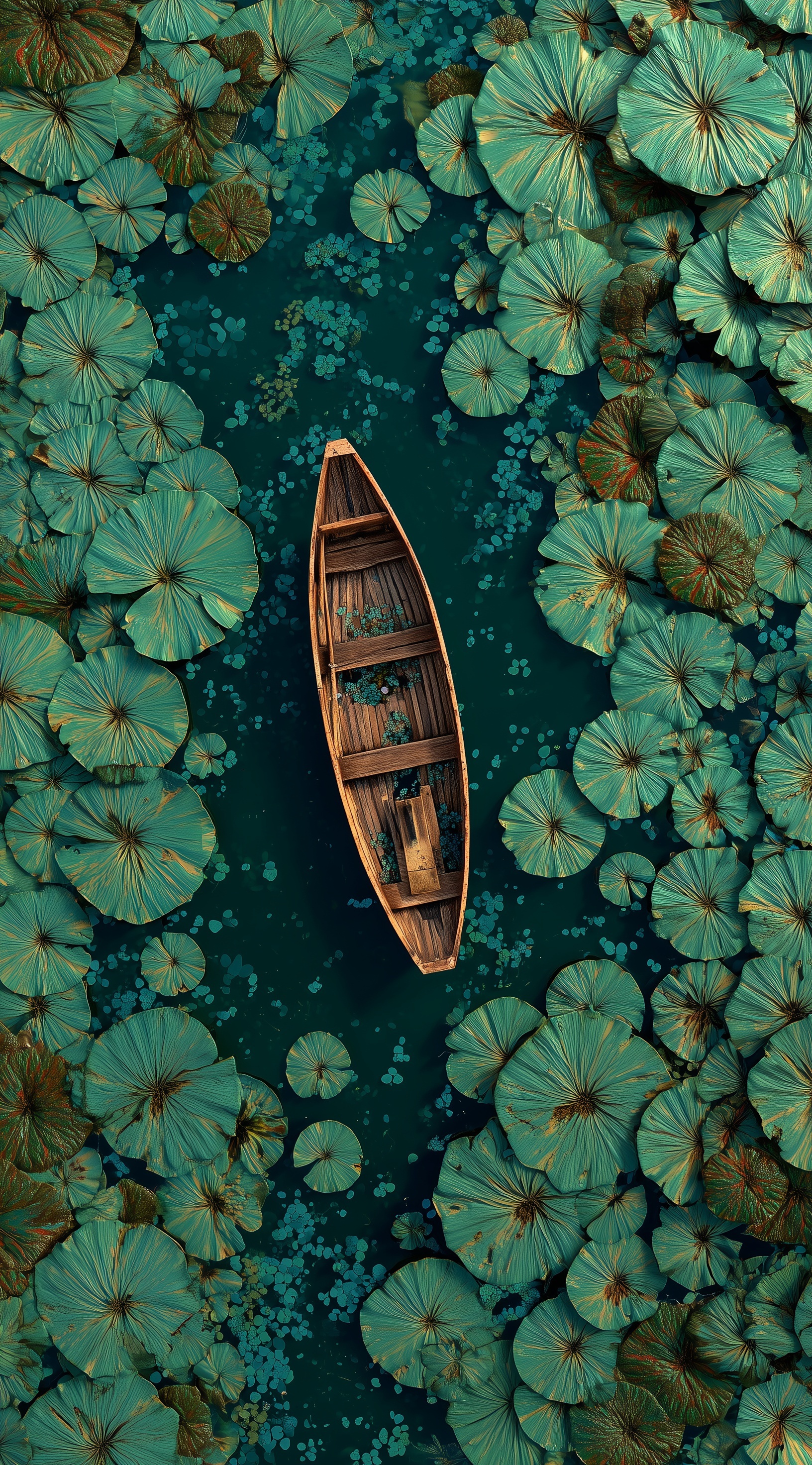 Serene Wooden Boat Overgrown Lake Photography