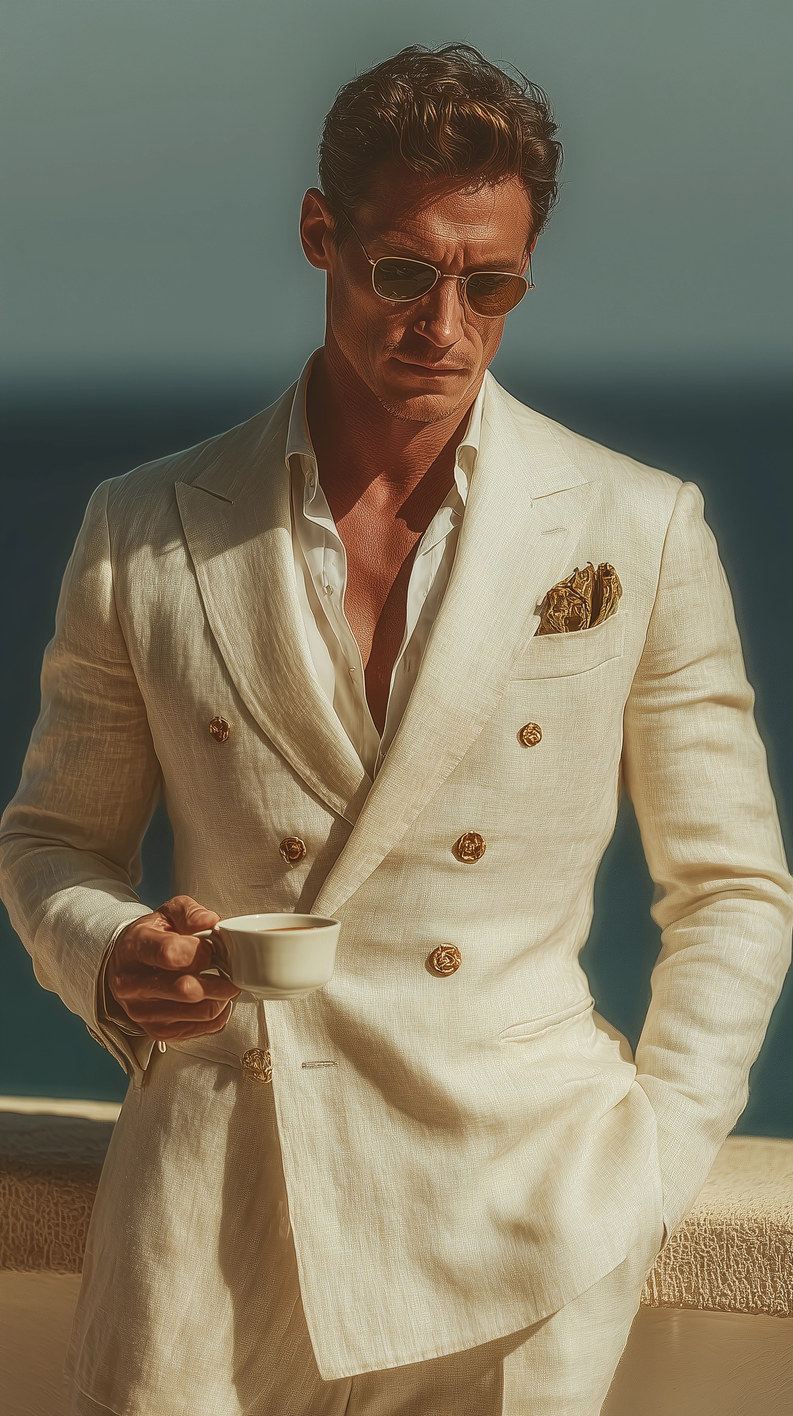 Cinematic Elegance: Coffee on a Coastal Balcony