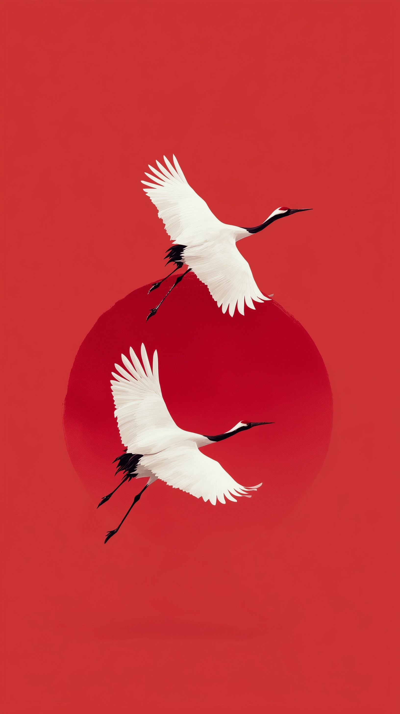 Elegant Japanese Artwork: Red Sun & Cranes