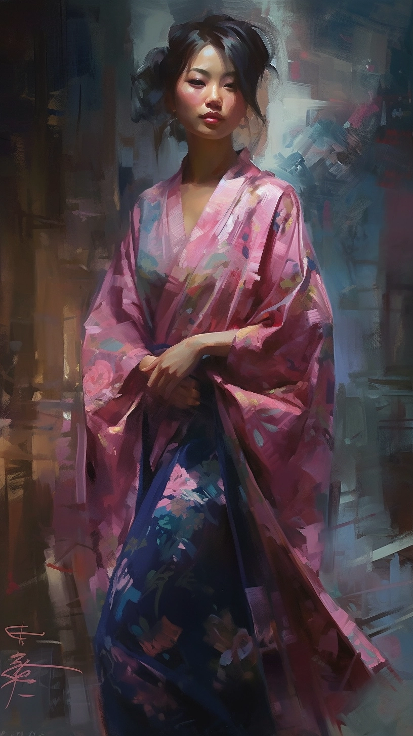 Gesture-Driven Asian Woman Painting in Pink Skirt