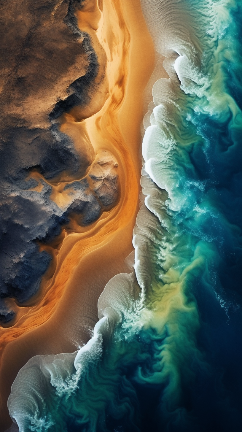 Captivating Drone Photos: Abstract Beach Scenes in Indigo & Gold