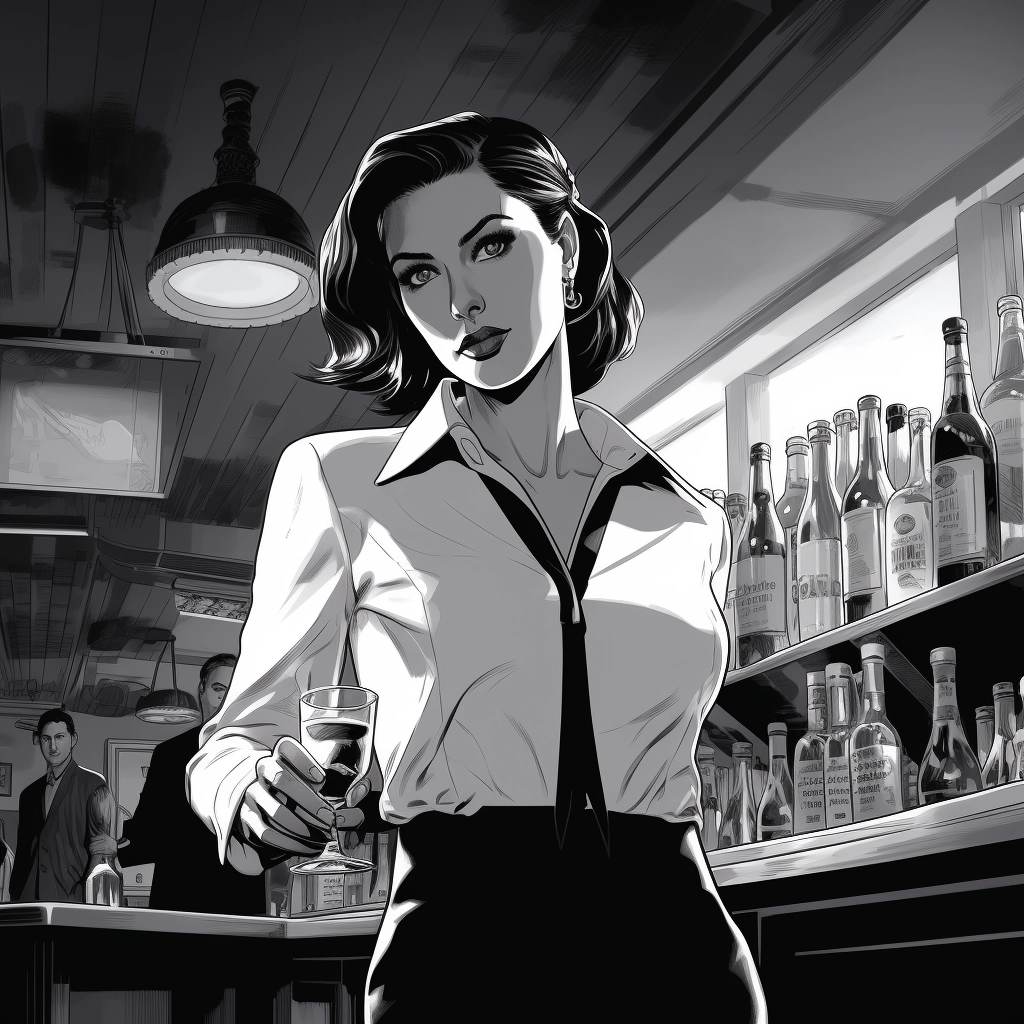 Captivating 90s Comic Art: Enigmatic Woman Pours Vodka