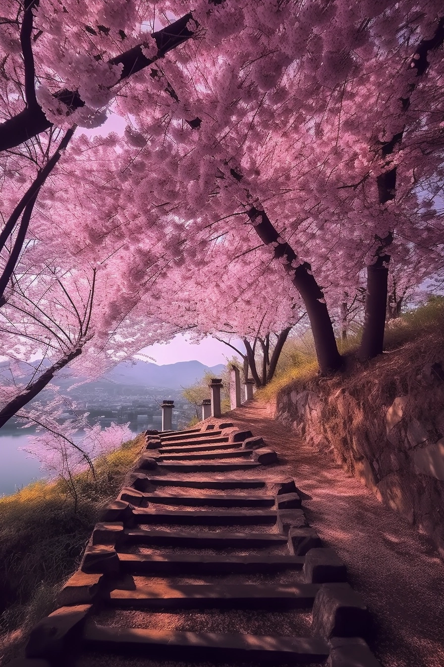 Spring Stairway: Cherry Blossom Photographic Delight