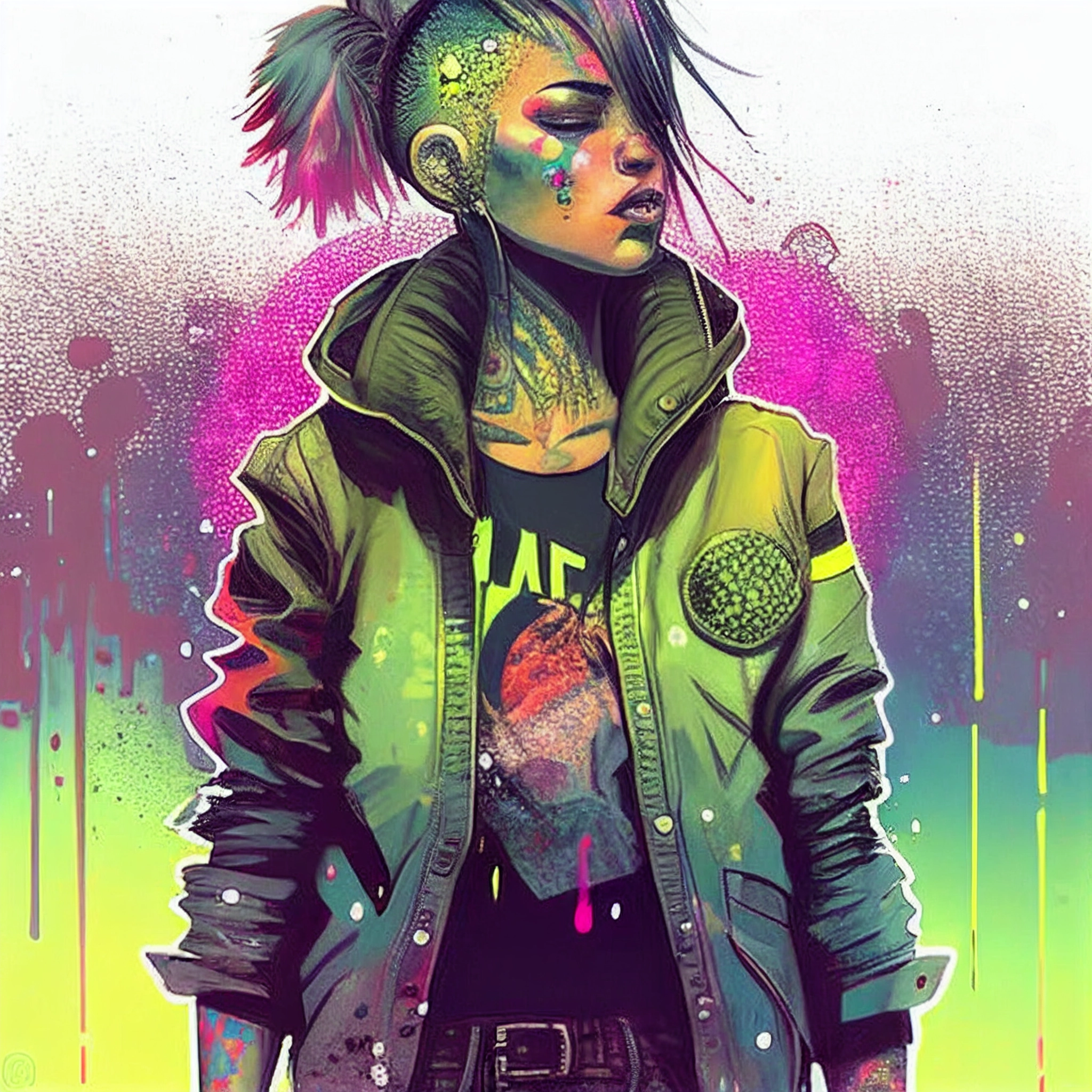 Colorful Cyberpunk Woman in Flight Jacket with Ink Dropped Hair