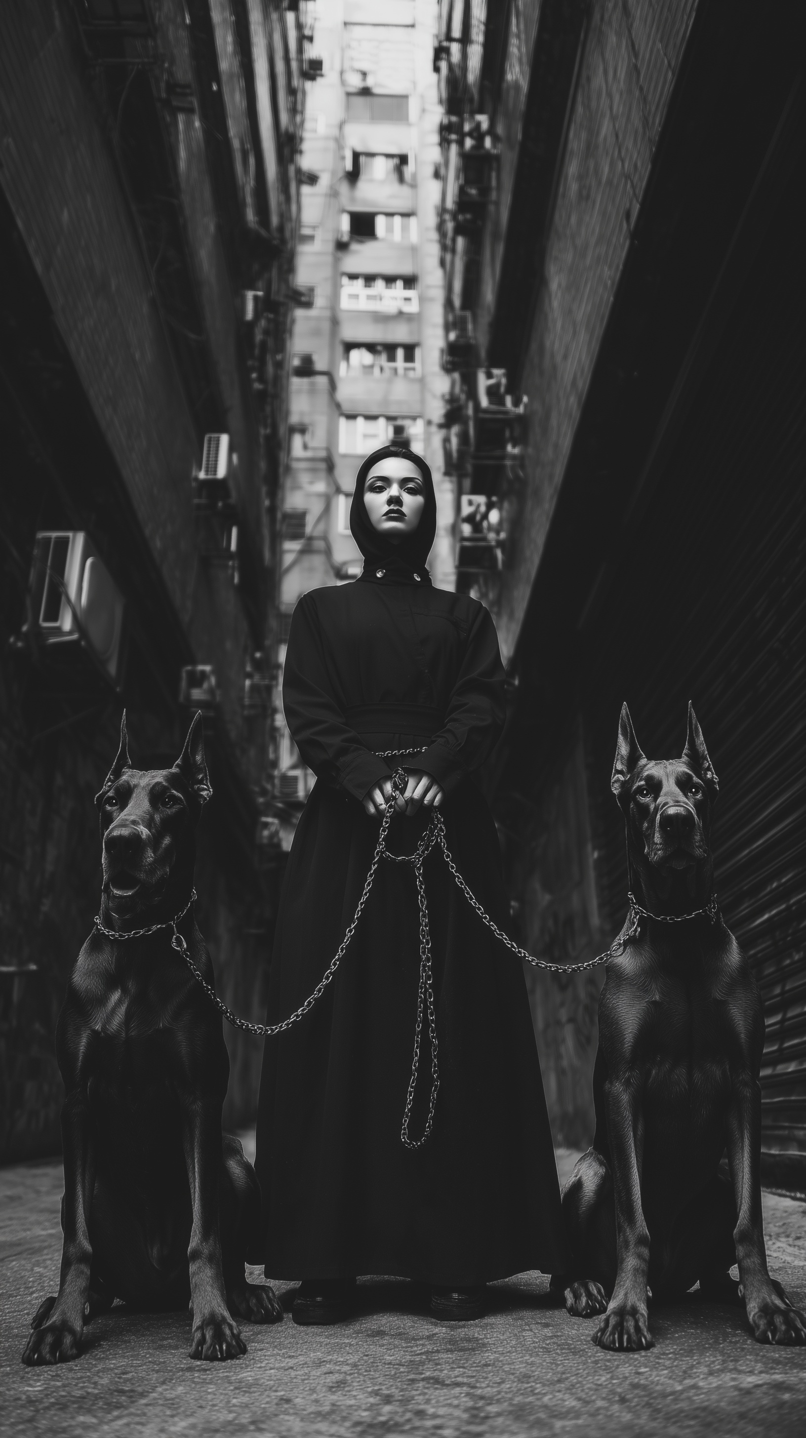 Nun with Guard Dogs in Urban Decay Scene