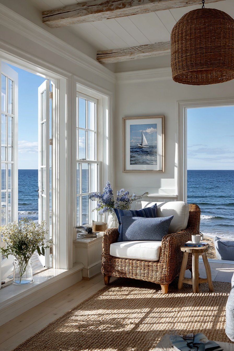 Coastal Charm: Sunlit Cottage Living Room Design