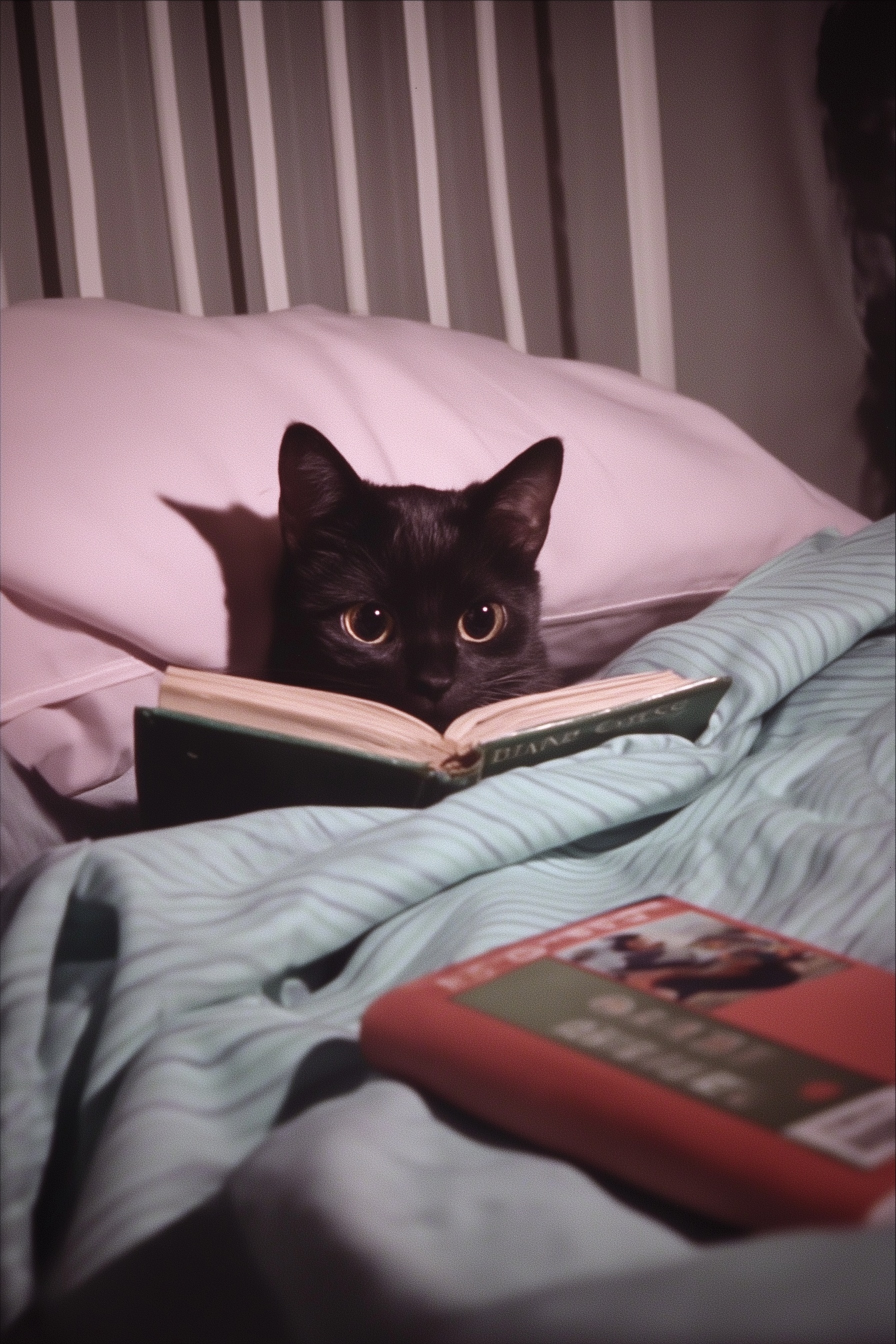 Relaxing Black Cat Reading in Cozy Bed