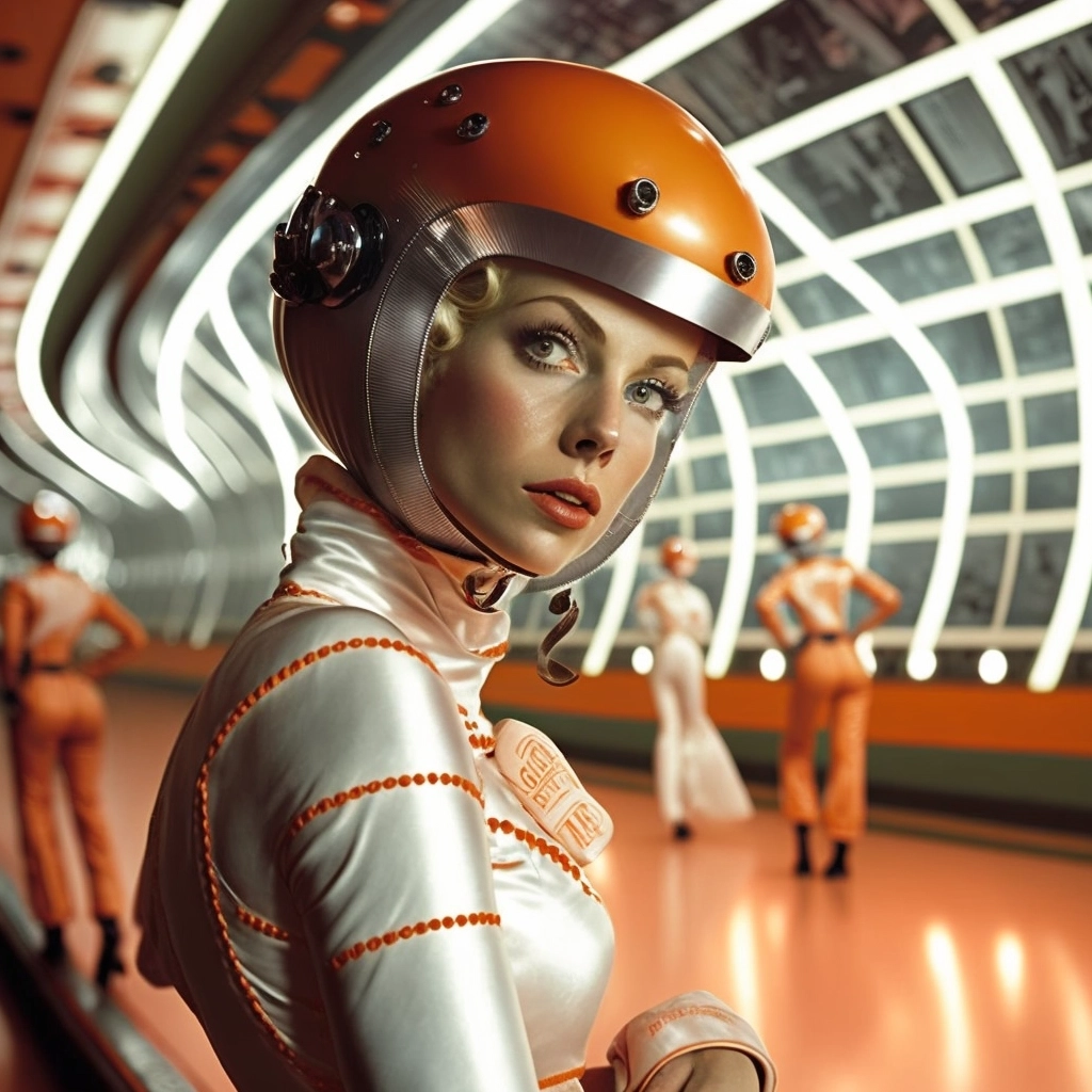 Retro Space Roller Rink: Beautiful 50s Woman with Weird Helmet