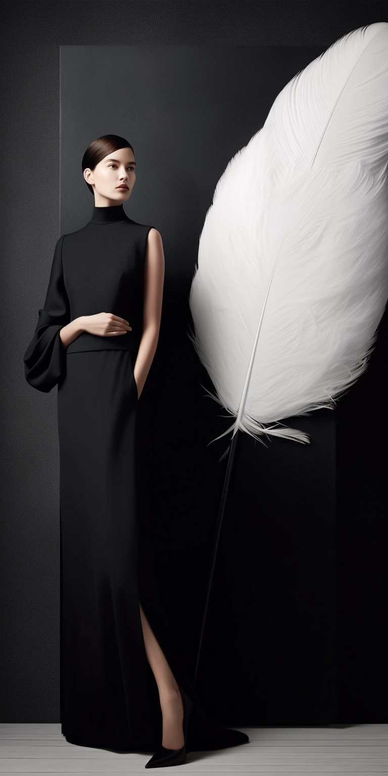 Black Gown with White Feather: Asymmetric Elegance