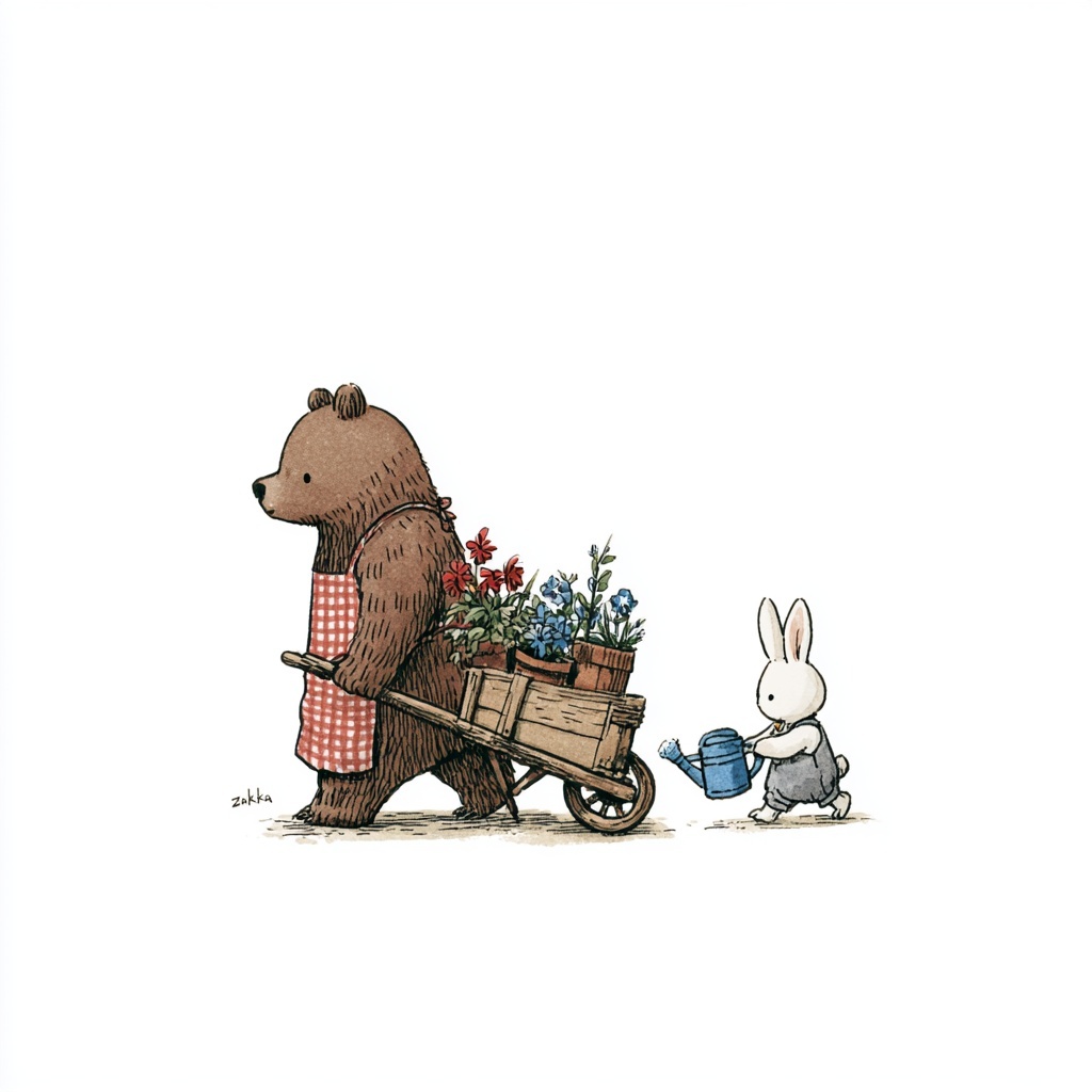 Charming Bear & Rabbit in Cozy Garden Scene
