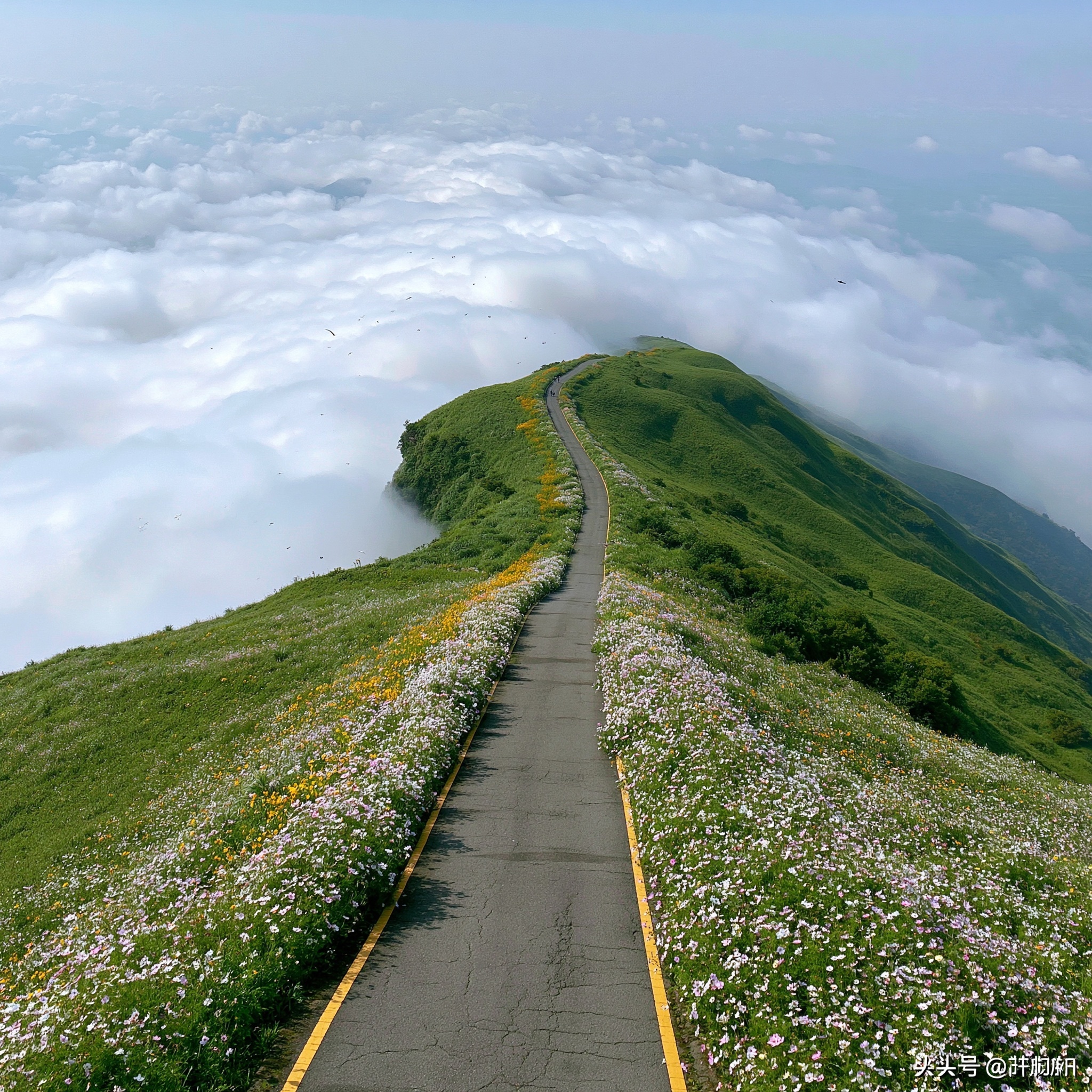 Serene Mountain Drive Surrounded by Clouds & Flowers