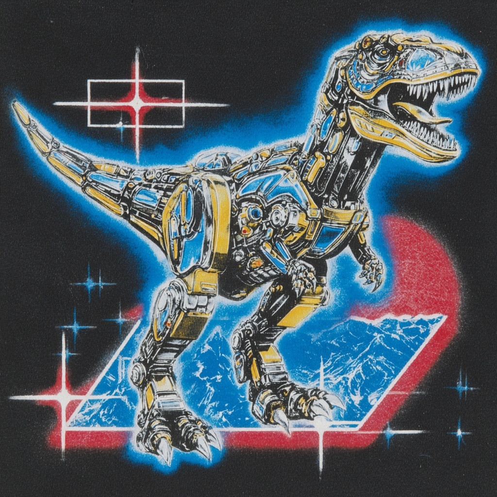 Vintage Robot Dinosaur Art on Black Background