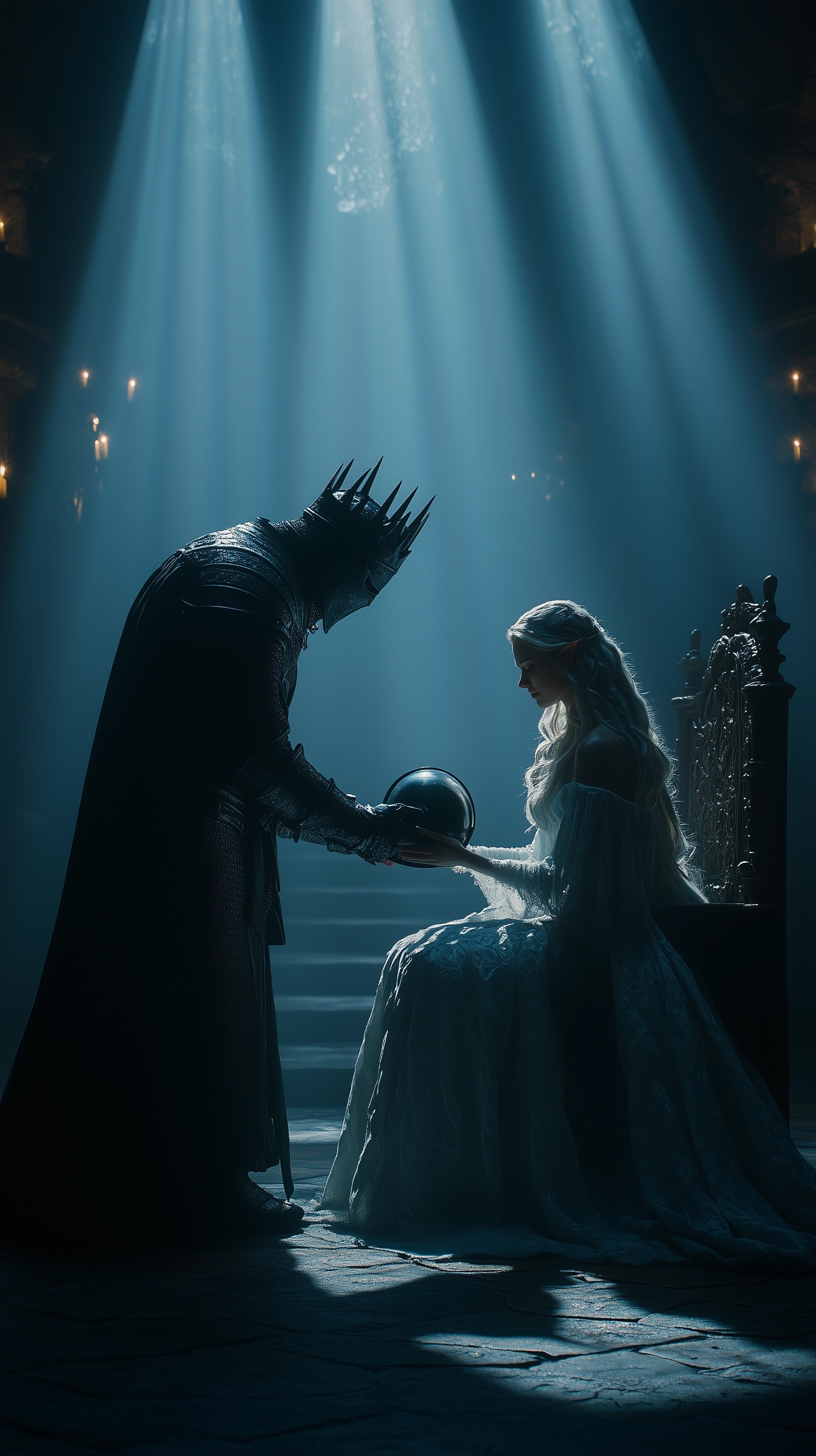 Epic Fantasy: Knight and Princess in Gothic Throne Room