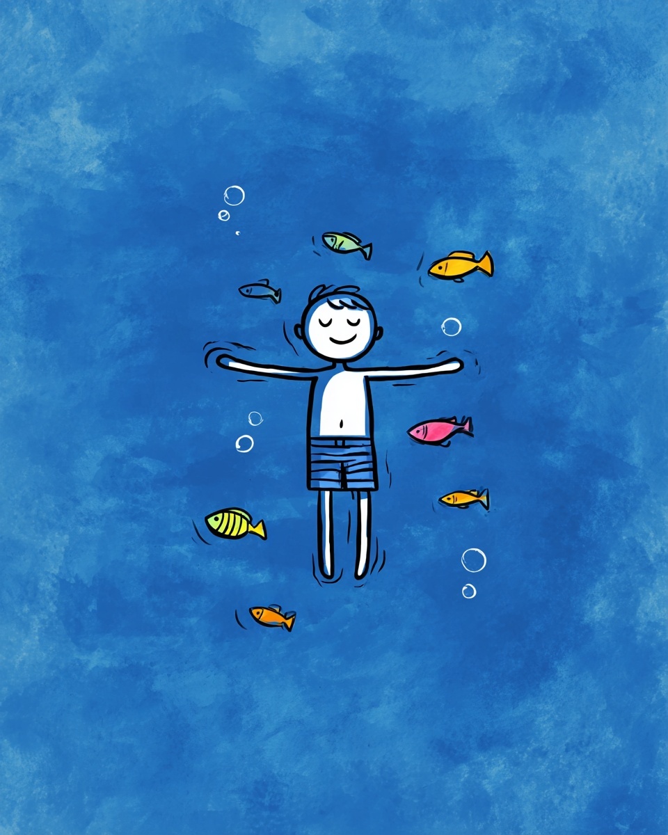 Joyful Boy Floating in Blue Water with Colorful Fish