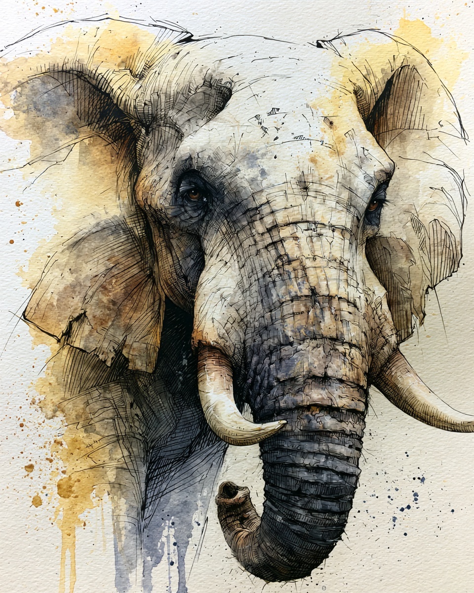 Elegant Ink and Watercolor Elephant Line Art