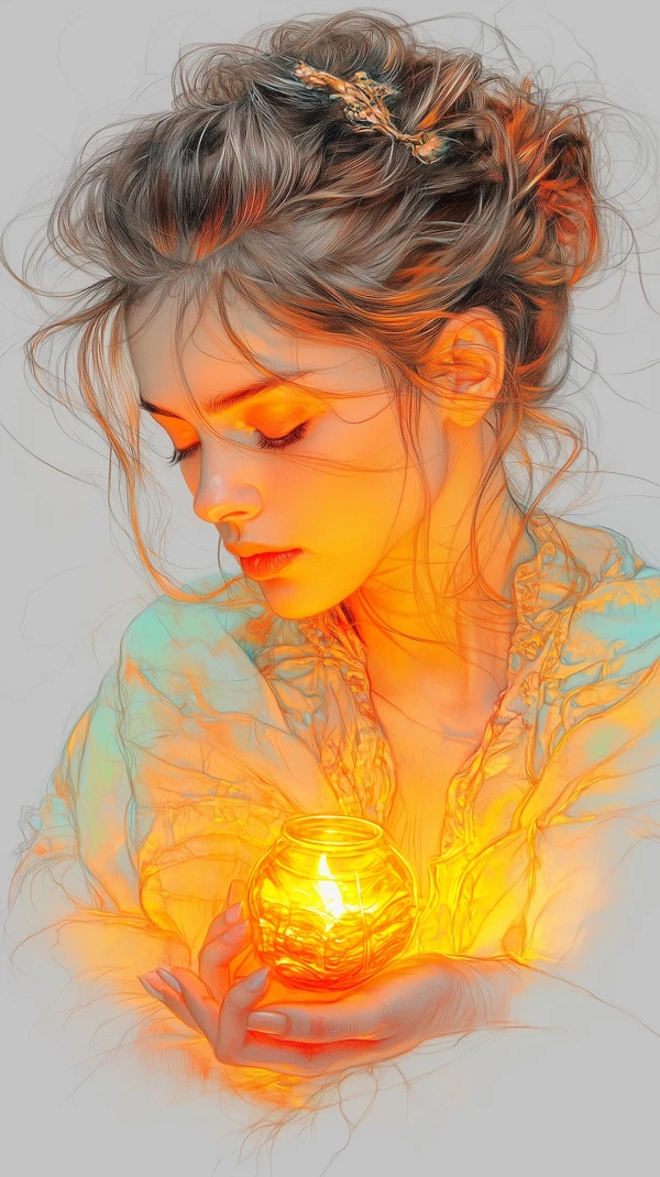 Contemplative Woman with Candle - Elegant Art Print