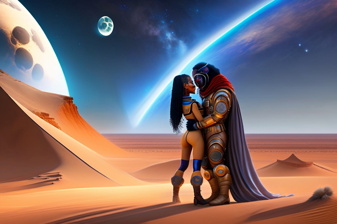 Futuristic Avatar Hugs in Sahara with Aliens and Machines