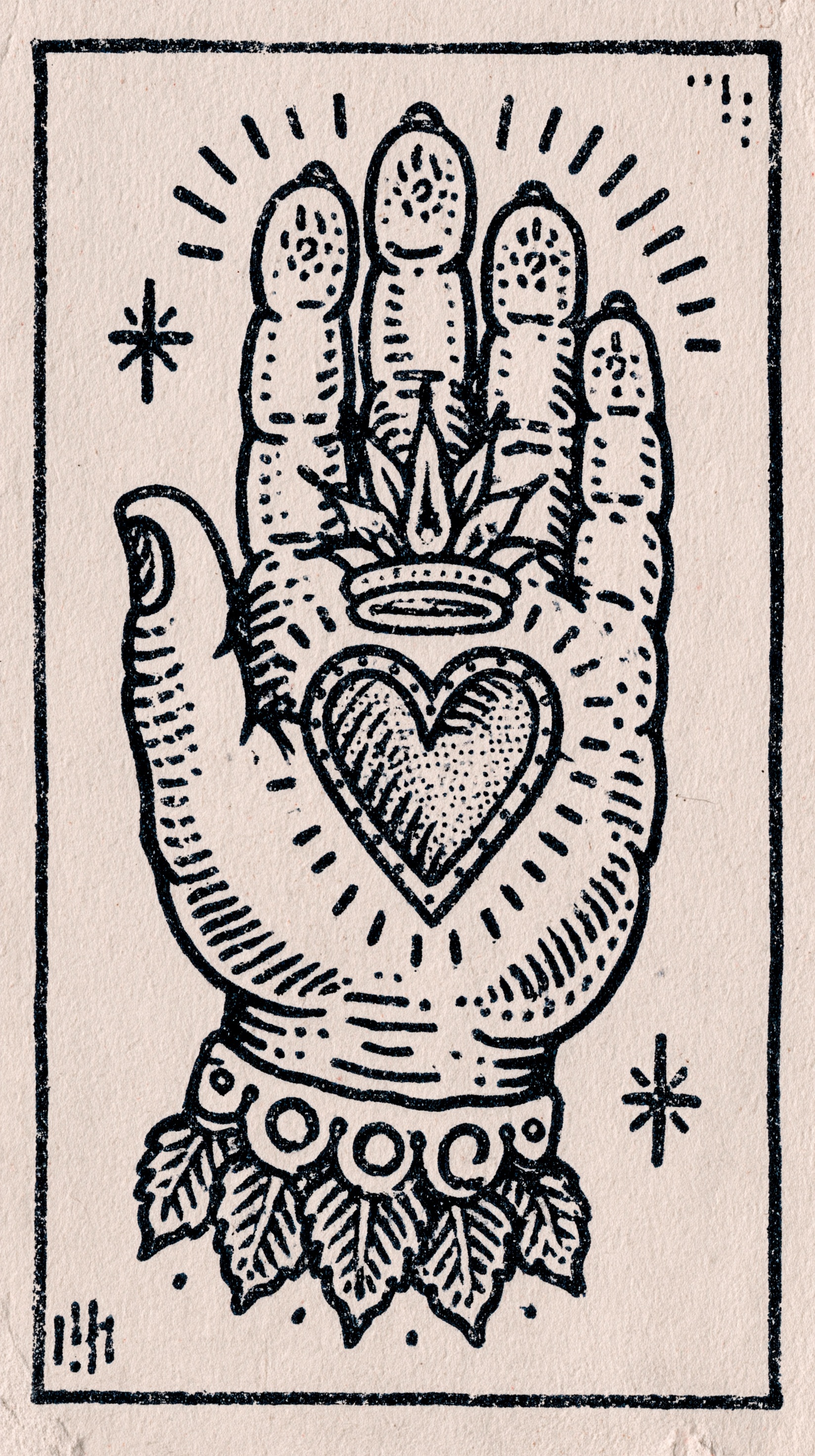 Vintage Hand Art with Heart Design on Paper