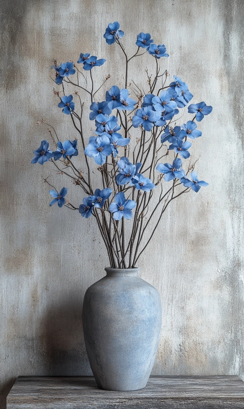 Ultra Realistic Dark Blue Flowers on Vintage Vase