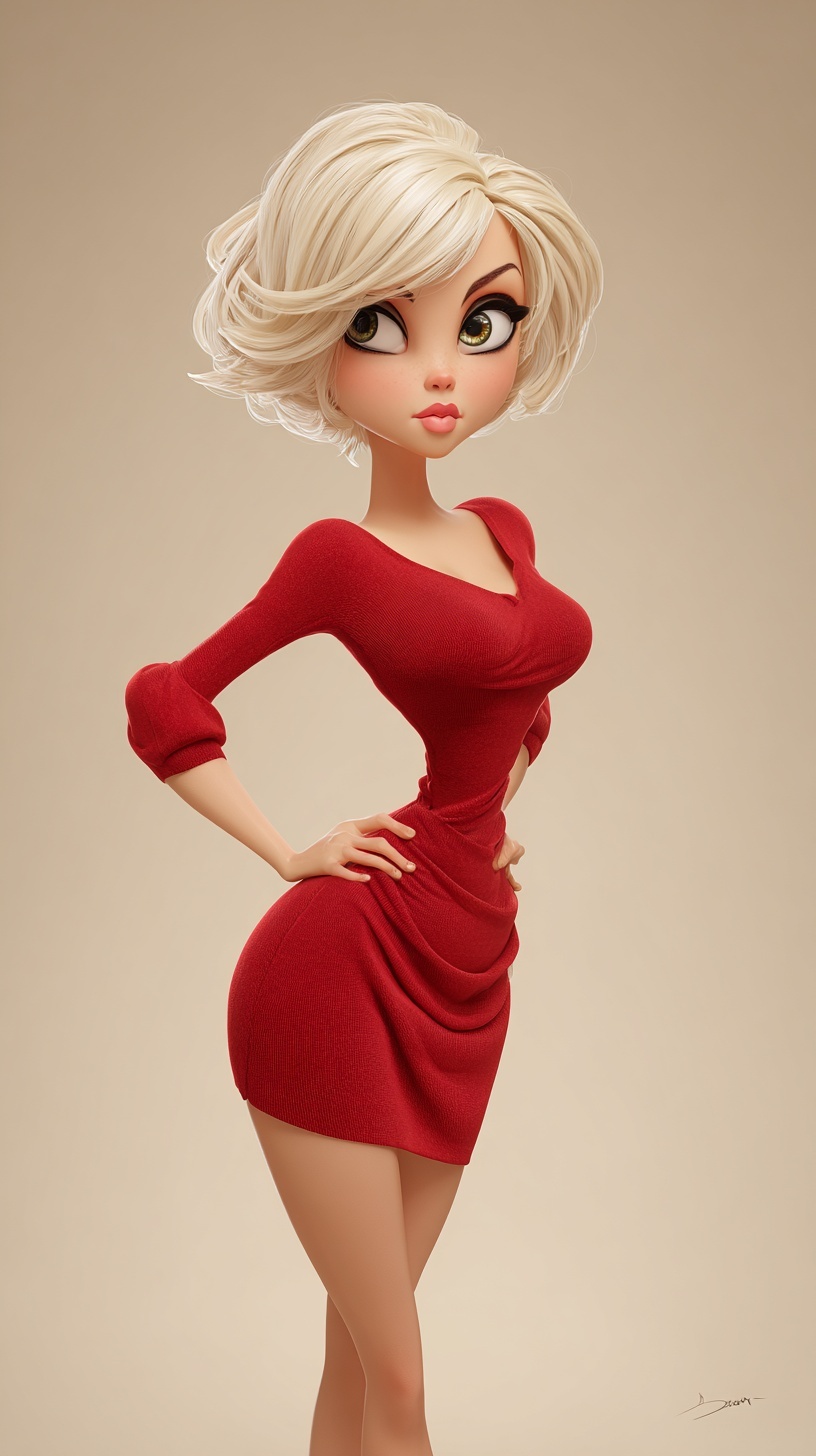 Stylish 3D Cartoon of Glamorous Woman in Red Dress