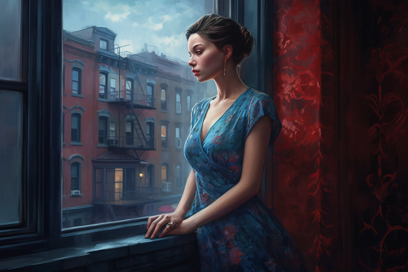 Romantic Cityscape: Blue Dress by the Window