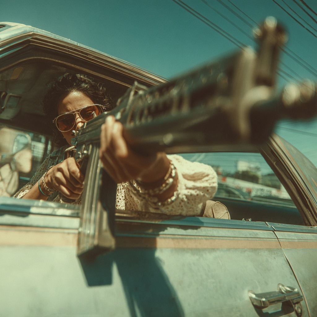 Dynamic Action Shot: Woman with Uzi in Lowrider