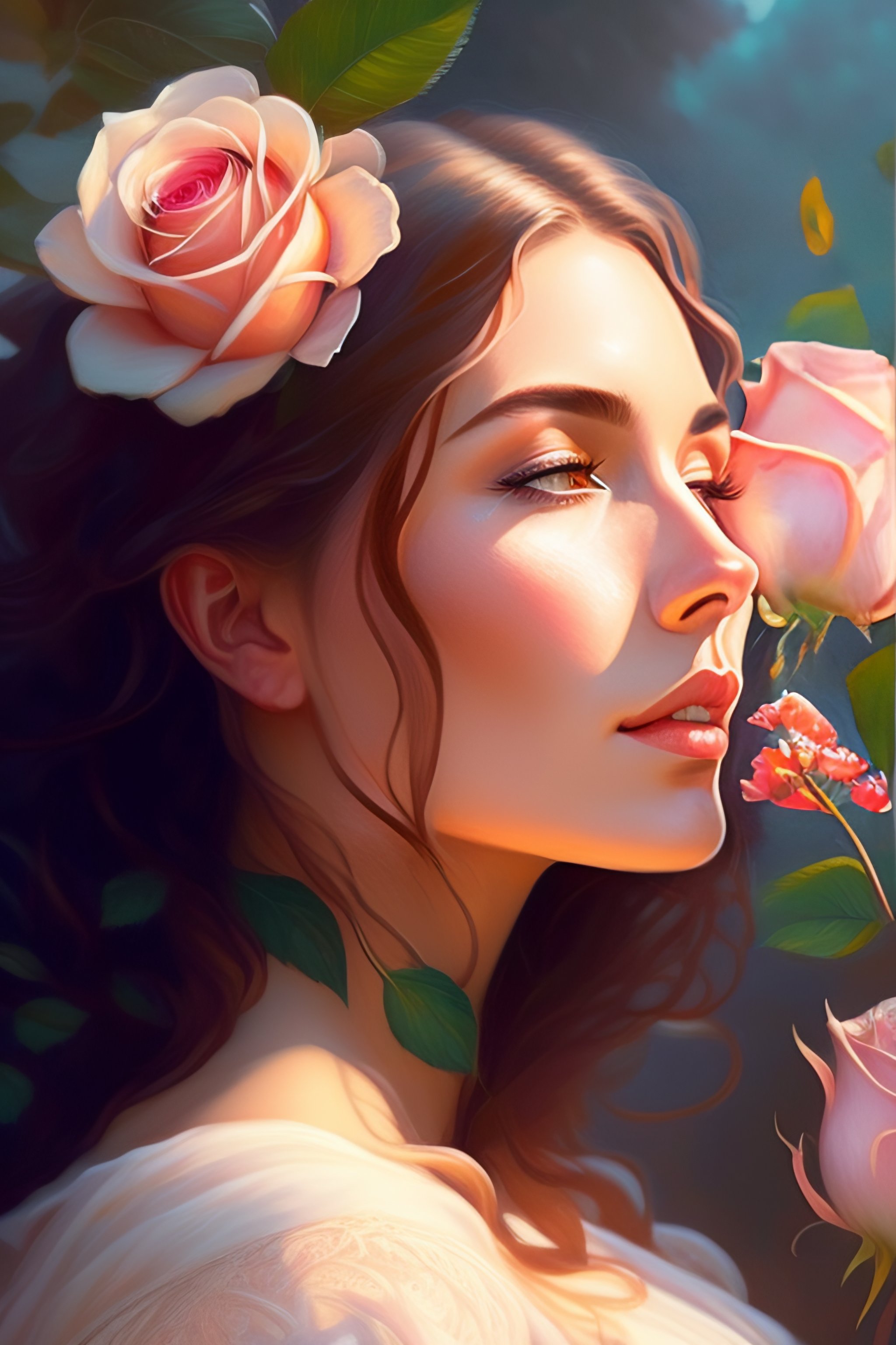 Digital Rose Art: Exquisite Woman Smelling Flowers