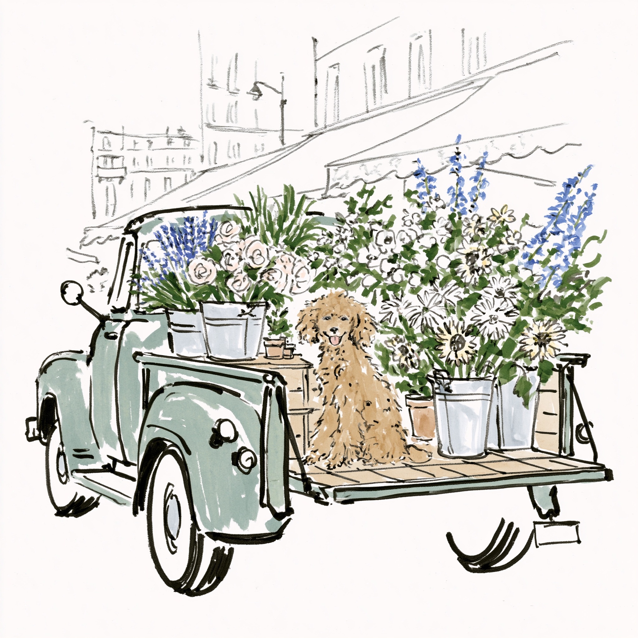 Chic Parisian Poodle in a Floral Truck Market