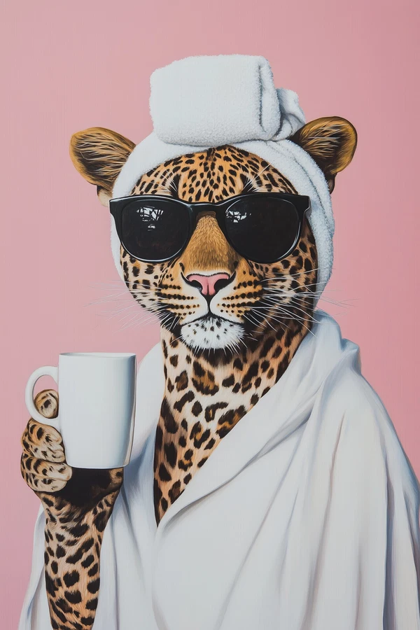 Sassy Leopard Art: Sunglasses & Coffee Vibes