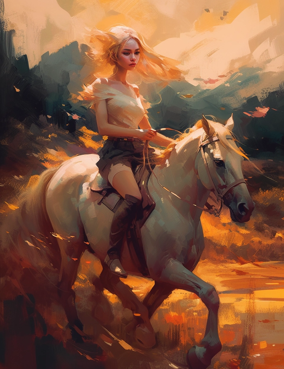 Golden-haired Lady Riding White Horse