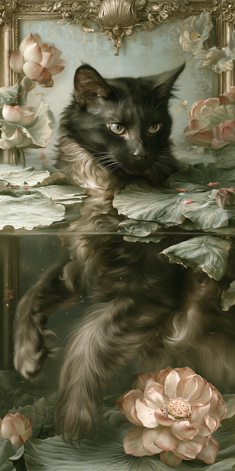 Dreamy Black Cat Swimming in Monet's Style