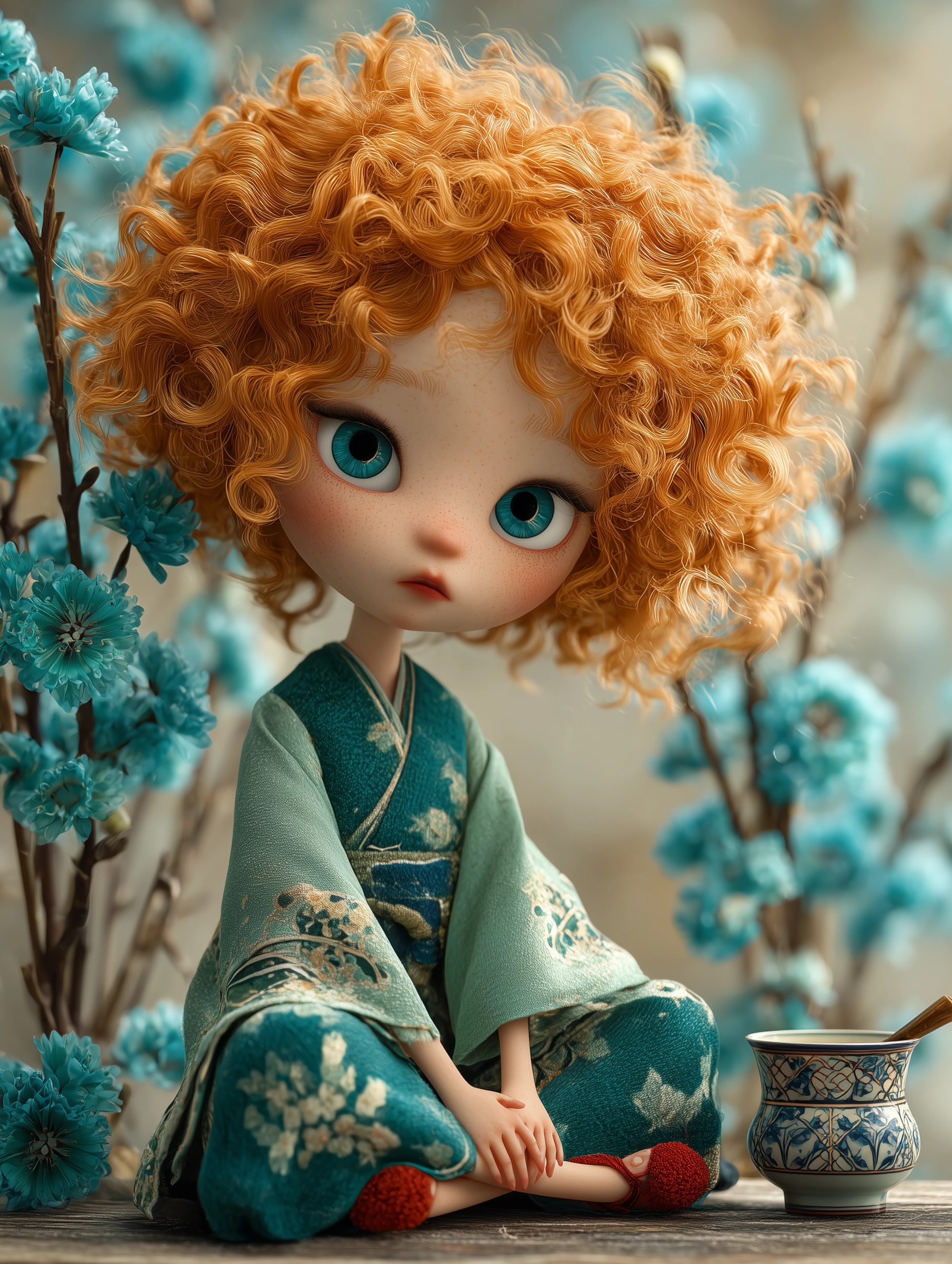 Charming Art Doll Amidst Blooming Teal Flowers