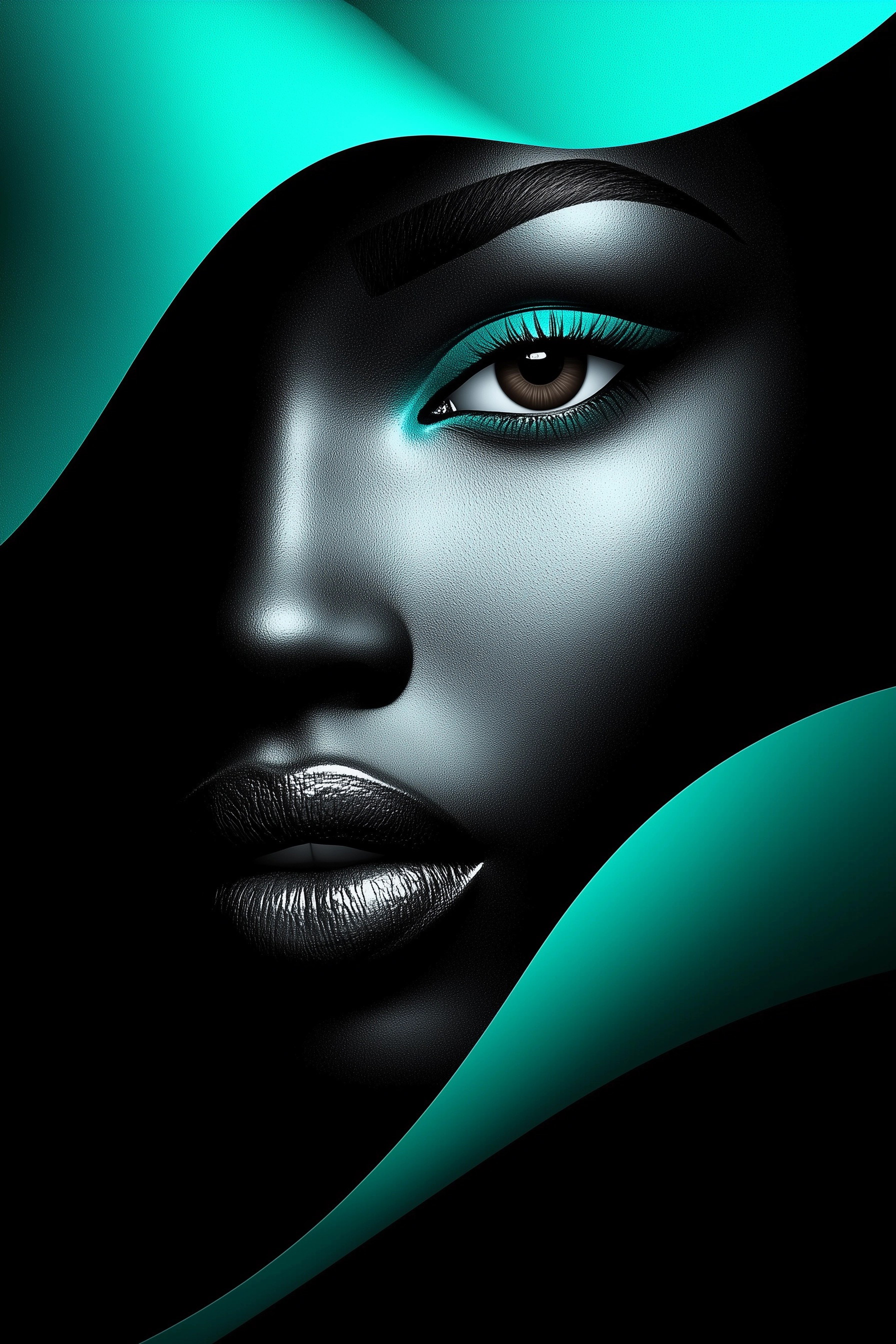 Stunning Artwork: Black Woman in Teal & White Ink