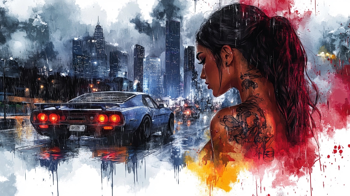 Elegant Art: Tattooed Beauty & Bugatti in Rain