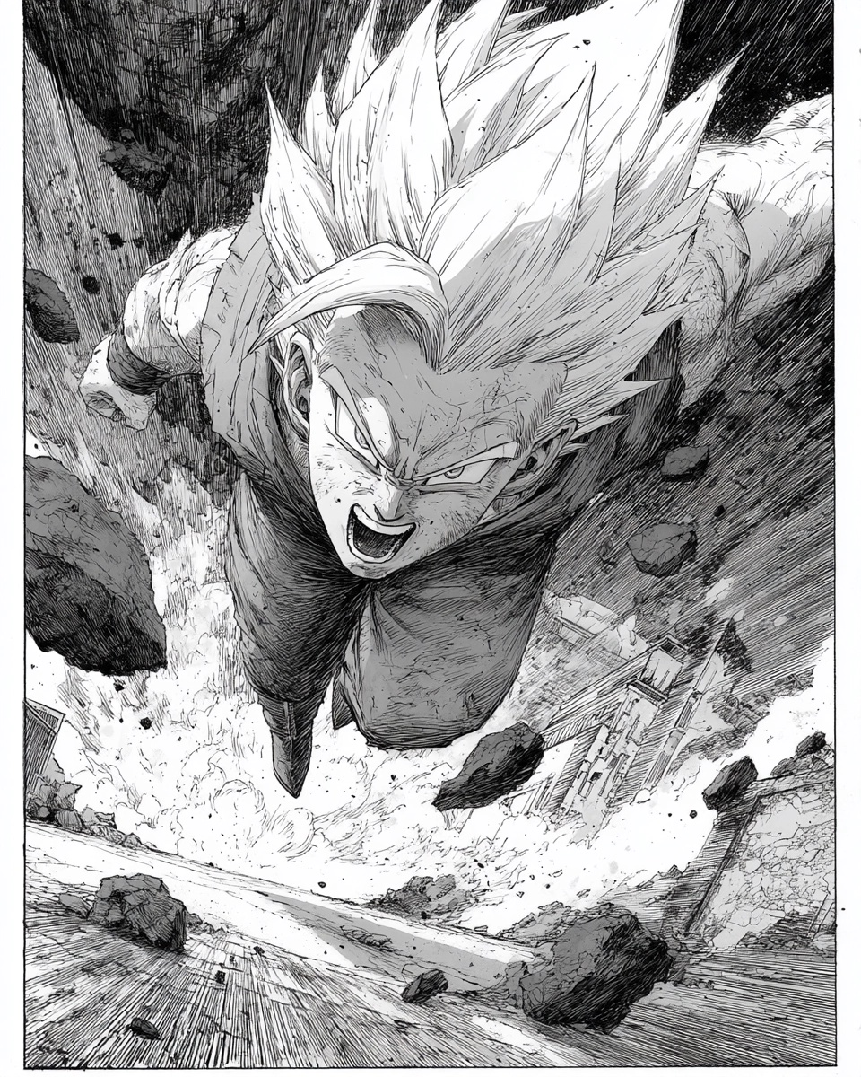 Epic Saiyan Warrior Ink Illustration in Dynamic Style
