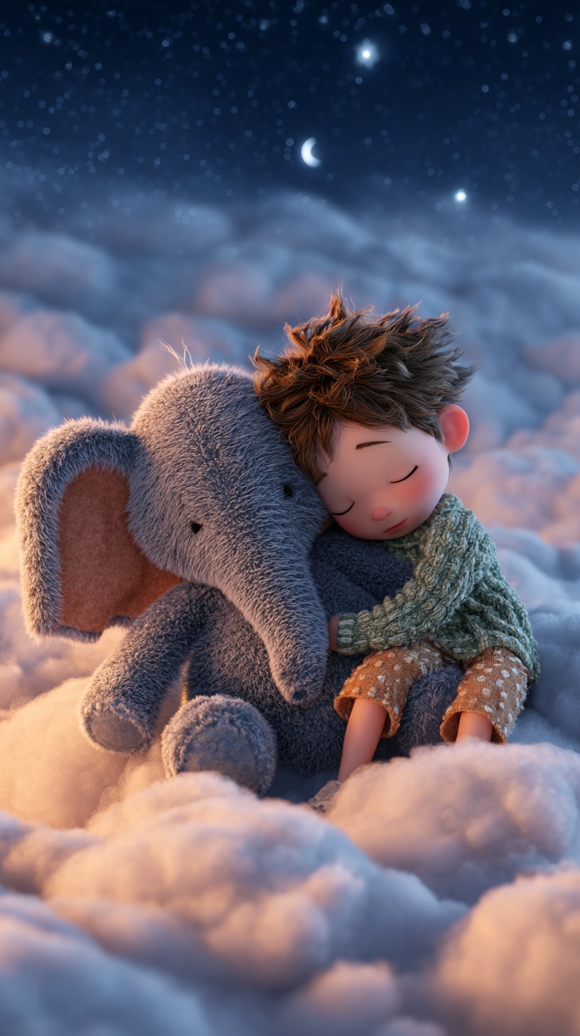 Adorable 3D Child and Elephant Dreaming in Clouds