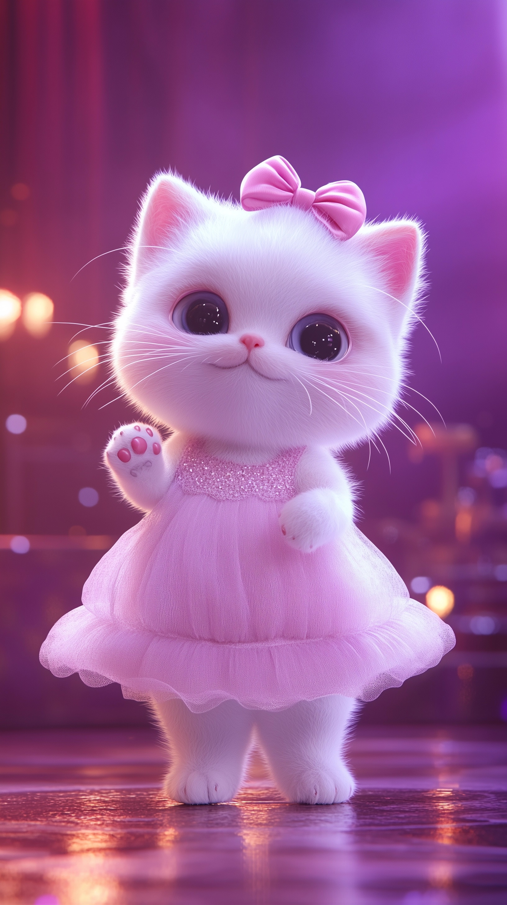 Charming White Doll Kitten in Pink Dress