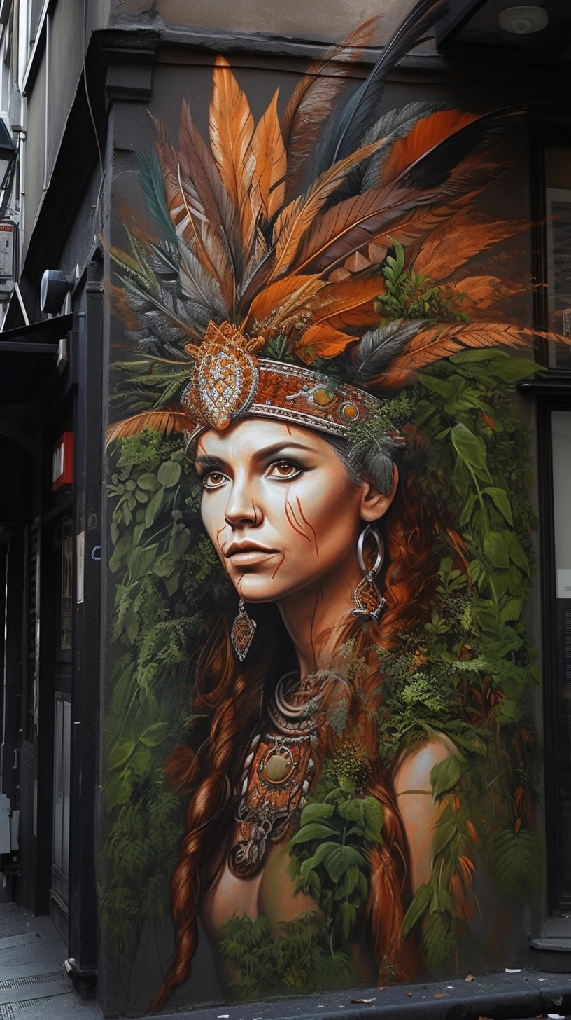 Native American Woman in Edgy Foliage Street Art