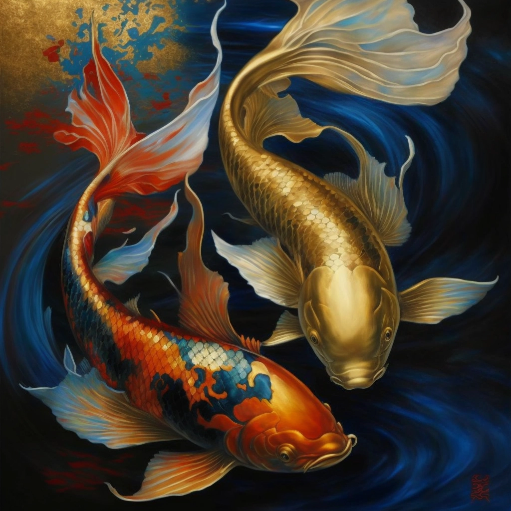 Realistic Oil Painting: Golden and Red Koi Fish