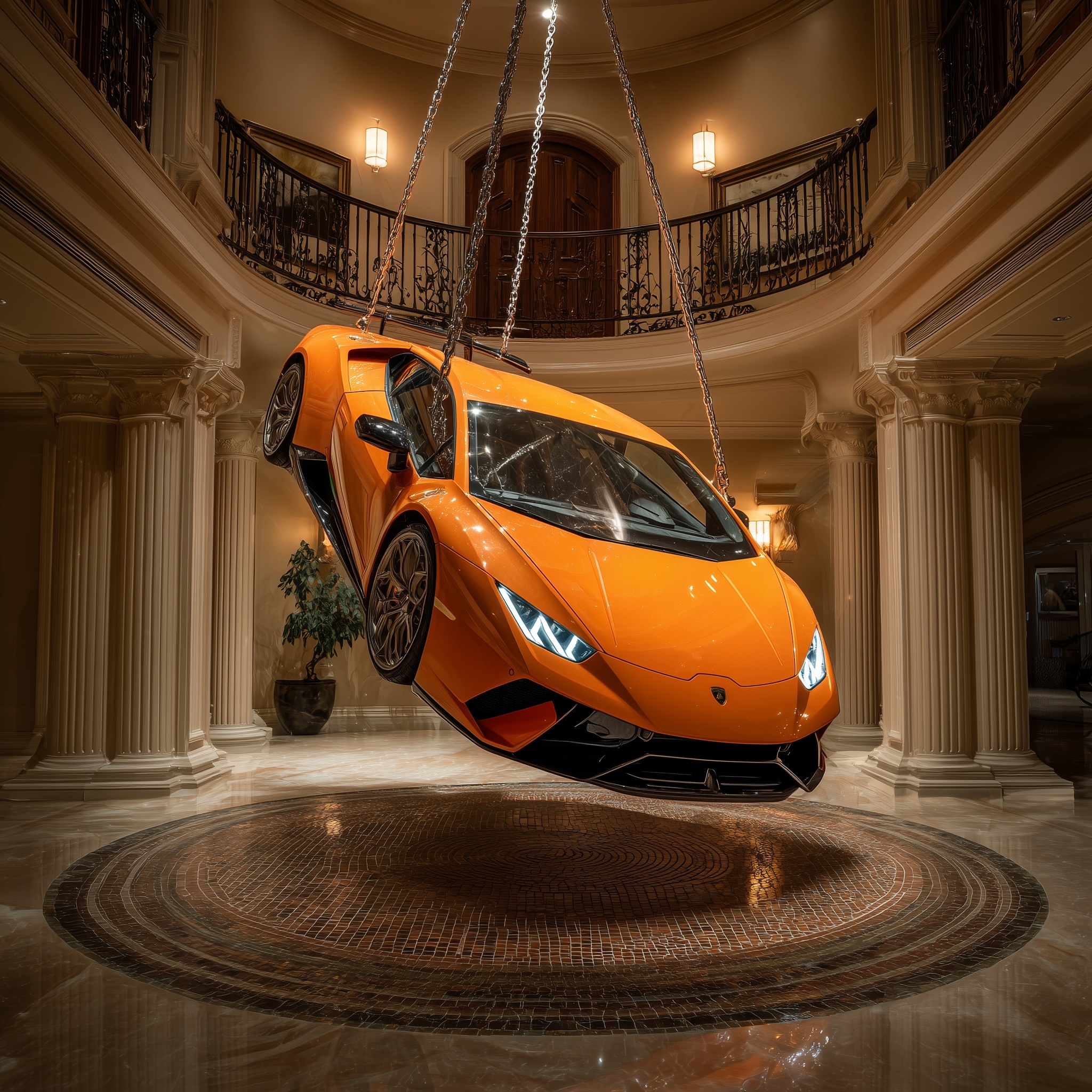 Luxury Mansion with Upside Down Lamborghini