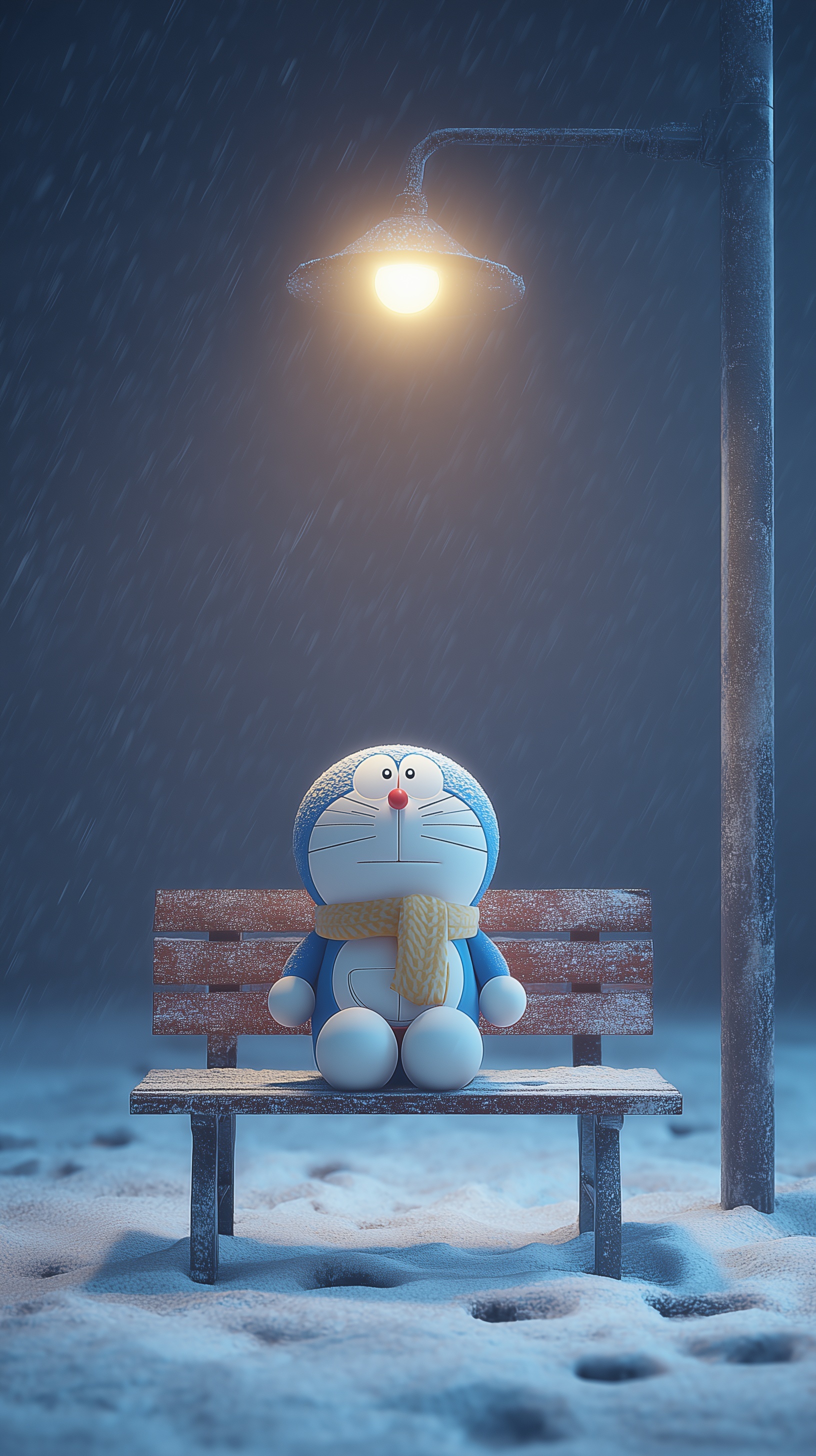 Doraemon's Serene Winter Night in Snowy Scene