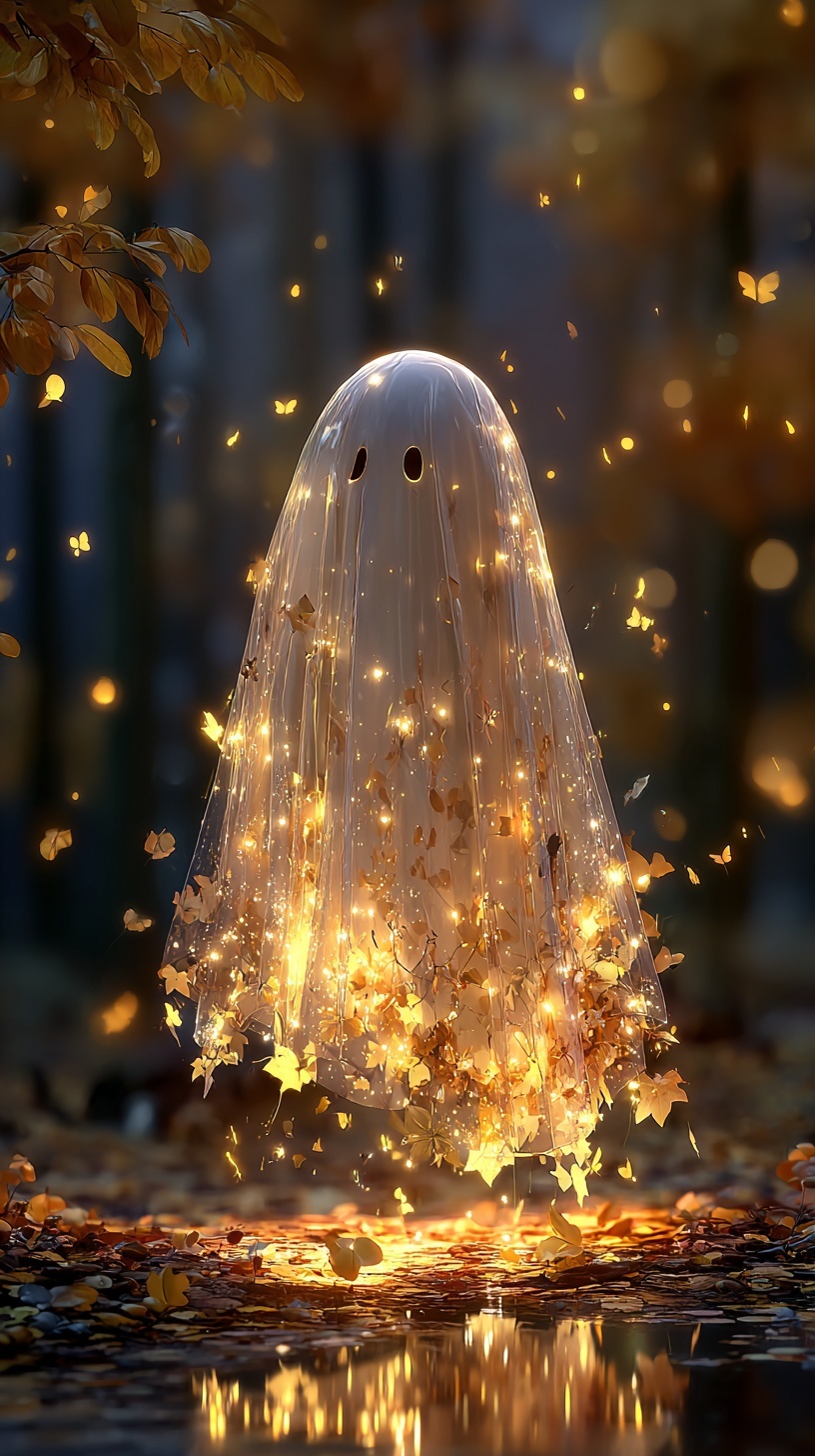 Whimsical Glowing Ghost in Autumn Forest