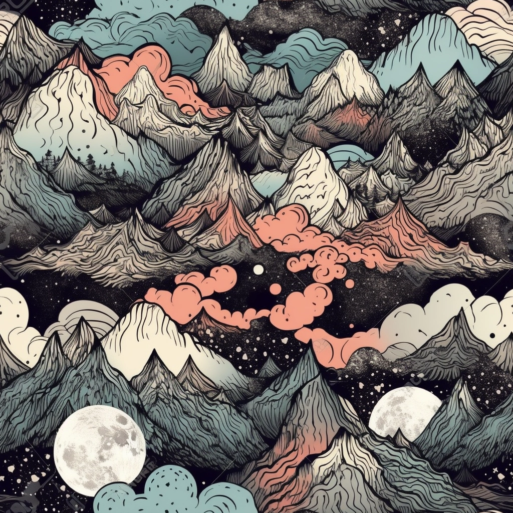 Boho Night Mountains & Clouds Retro Art